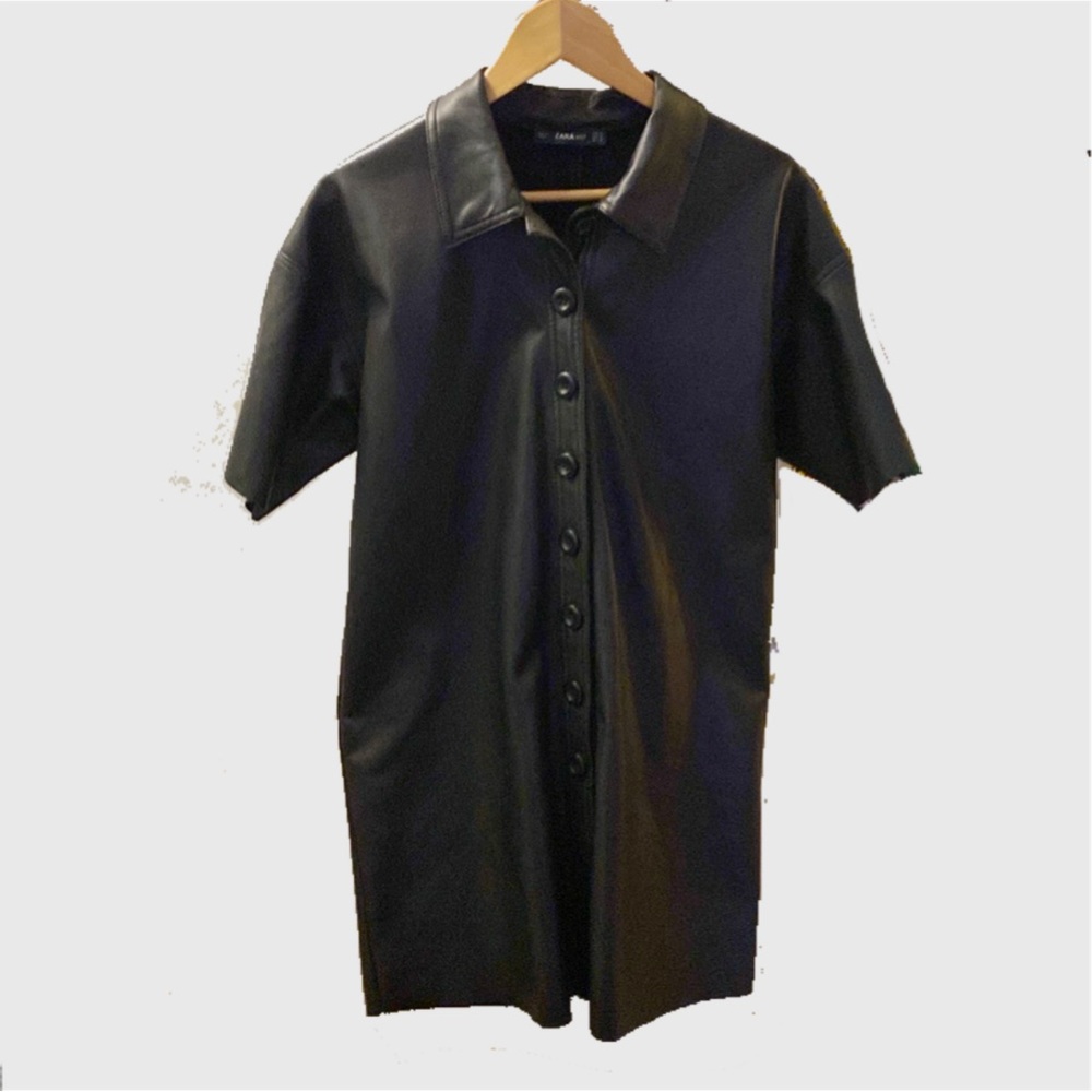 Zara black faux leather button down shirt dress